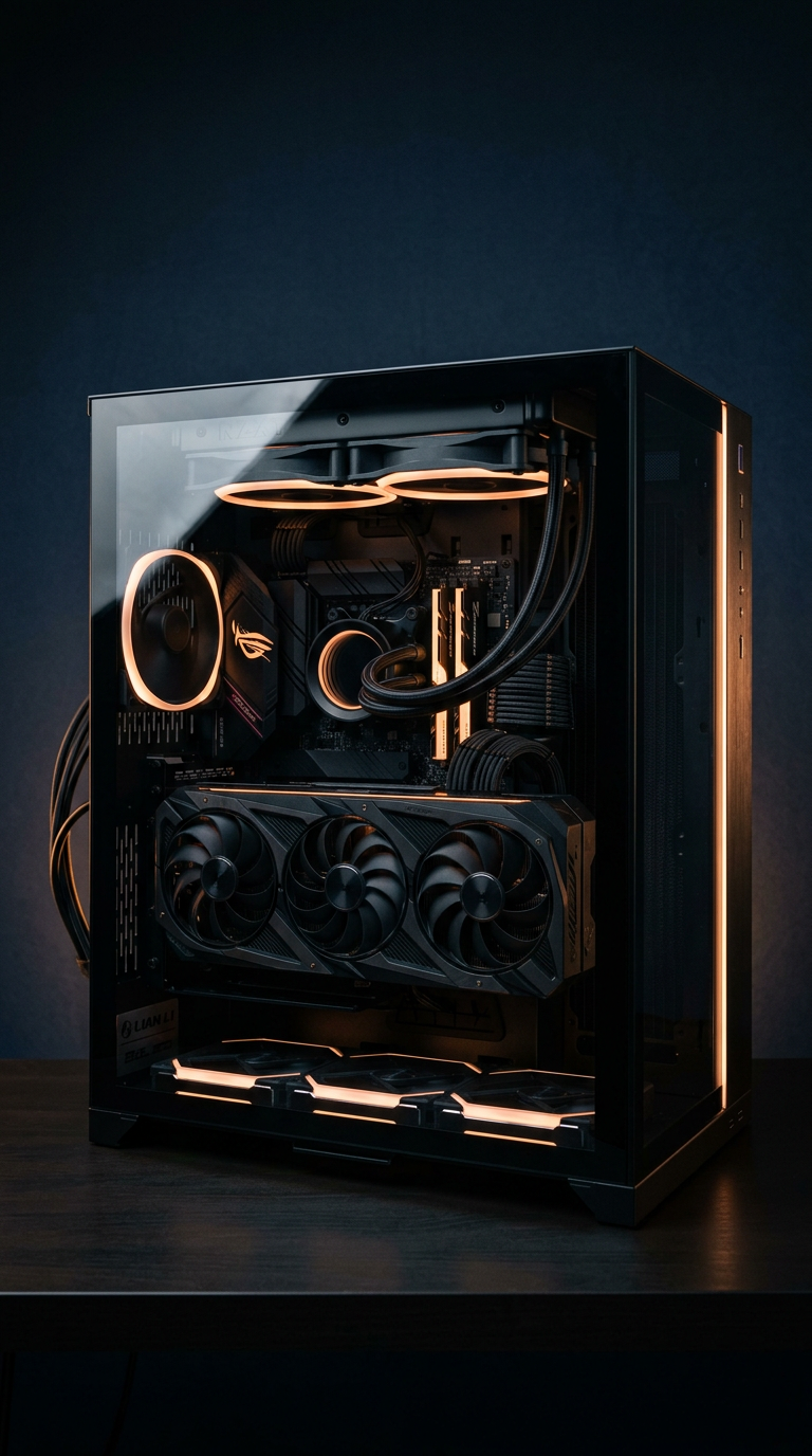 Fertig montierter Gaming-PC mit Glasseitenteil und Wasserkühlung