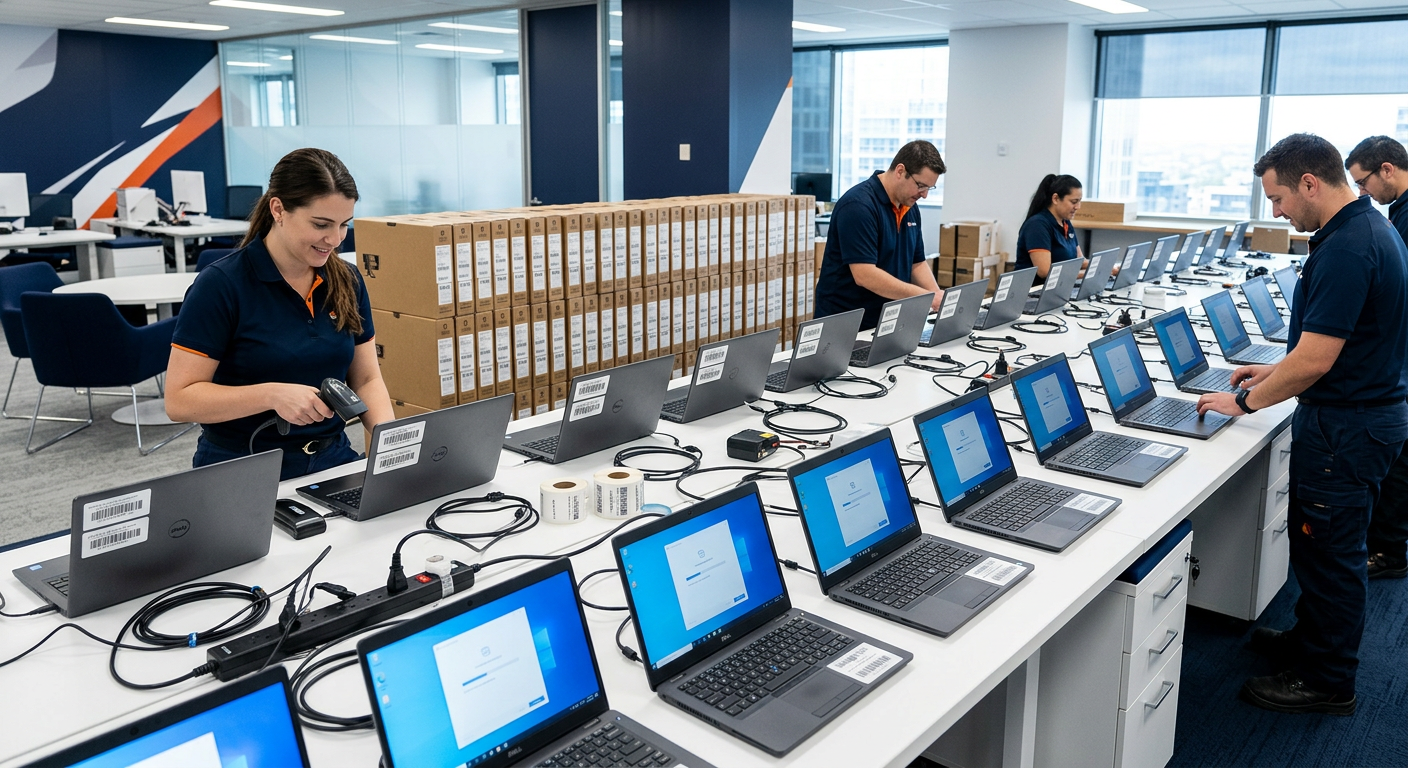 Staging-Bereich mit vorbereiteten Firmen-Laptops und Asset-Labels